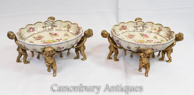 Pair French Porcelain Dishes Ormolu Cherub Planters