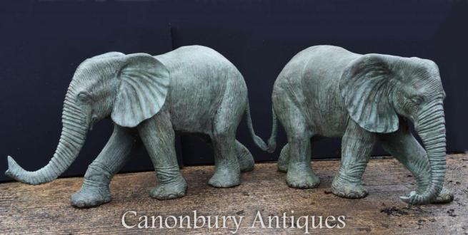 Pair Large Bronze Elephant Statues Water Fountains