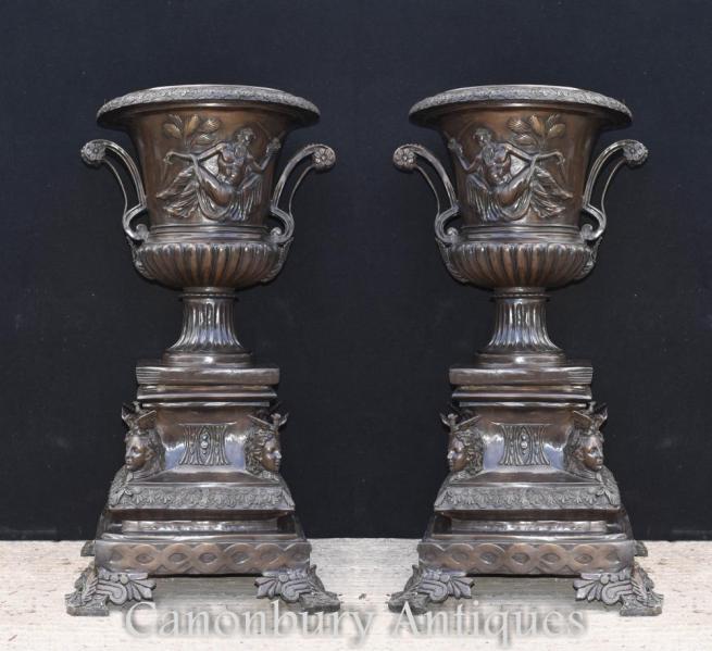 Pair Large Bronze Italian Campana Urns Classical Planters