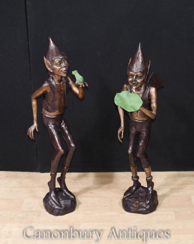 Pair Large Bronze Pixie Garden Statues Elph Celtic Fairey