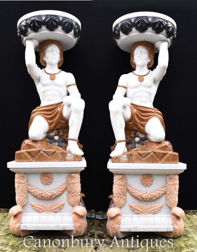 Pair Large Stone Marble Atlas Figure Urns Vases Garden Statues
