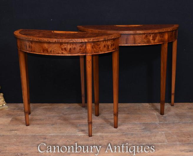Pair Regency Adams Walnut Console Tables Demi Lune