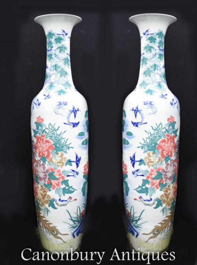 Pair XL Chinese Porcelain Imperial Qing Temple Vases Urns
