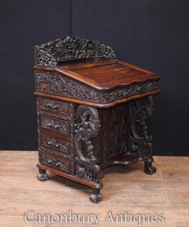 Rare Antique Chinese Davenport Desk Hand Carved Hardwood 1860