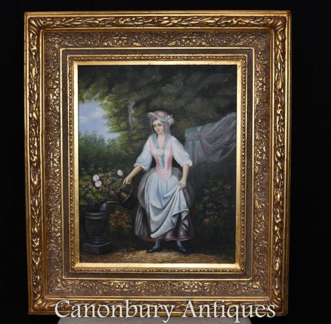 Victorian Oil Painting Gardening Lady Portrait Gilt Frame