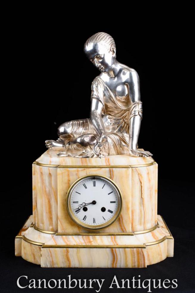 Empire Mantle Clock Onyx and Silver Plate Female Figurine