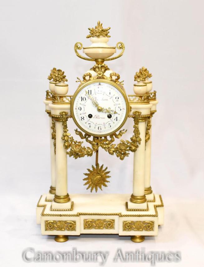 French Empire Marble Mantle Clock Ormolu Fixtures Classical
