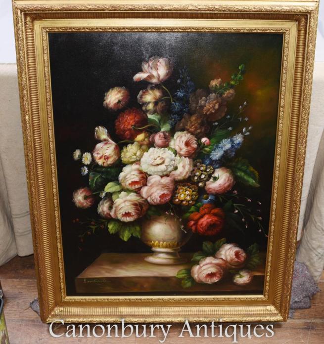 Large Victorian Flower Display Still Life Oil Painting