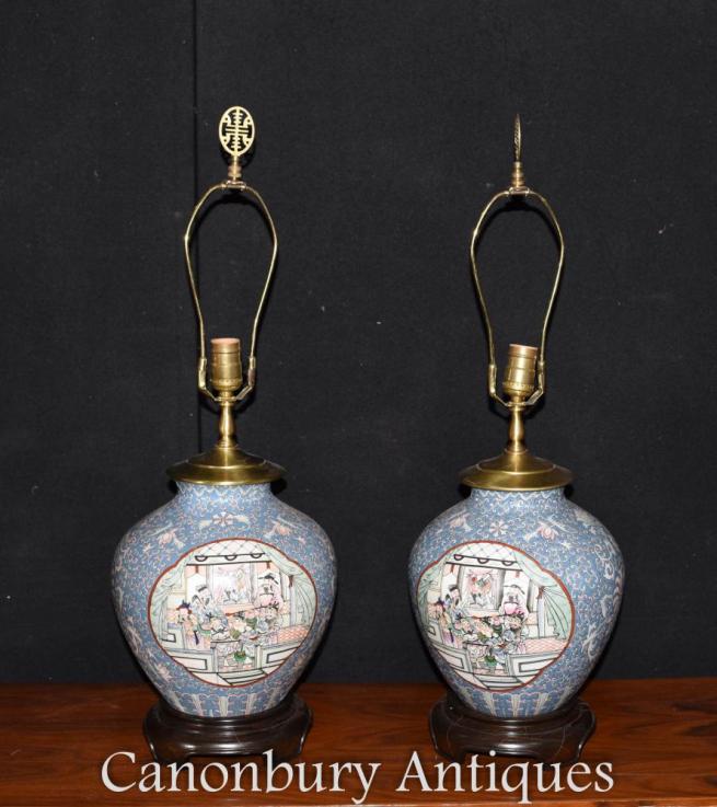 Pair Chinese Porcelain Table Lamps Lights Painted