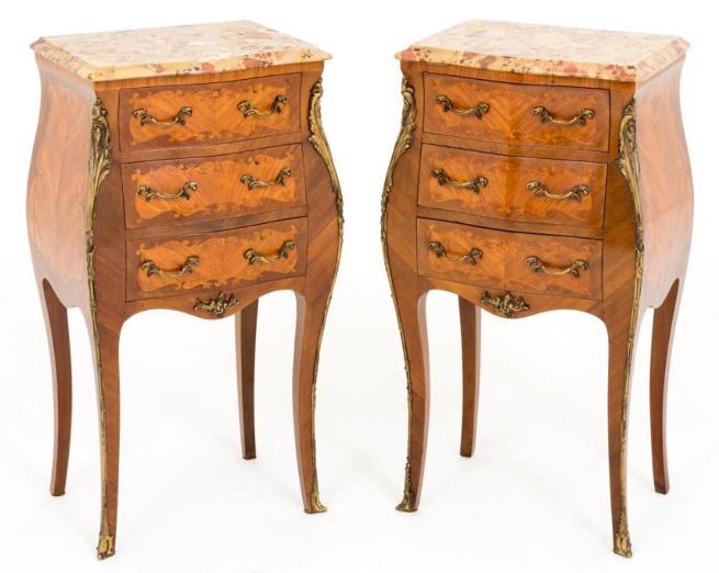 Pair Shaped French Nightstands Walnut Bedside Chests