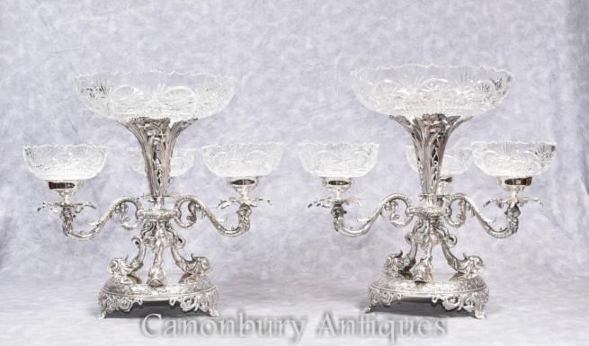 Pair Sheffield Silver Plate Epergnes Glass Dish Serpent Centrepiece