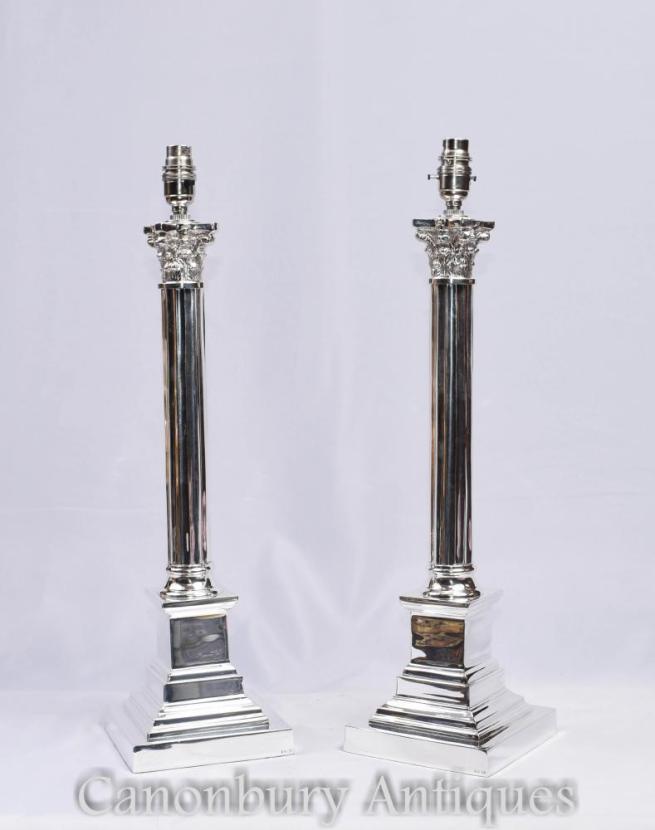 Pair Silver Plate Corinthian Column Lamp Bases Table Lights