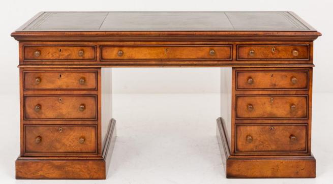 Victorian Pedestal Desk - Burr Walnut Antique Desks