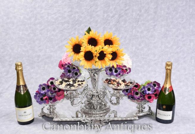 Victorian Sheffield Silver Plate Centrepiece Epergne Cut Glass Dish Display