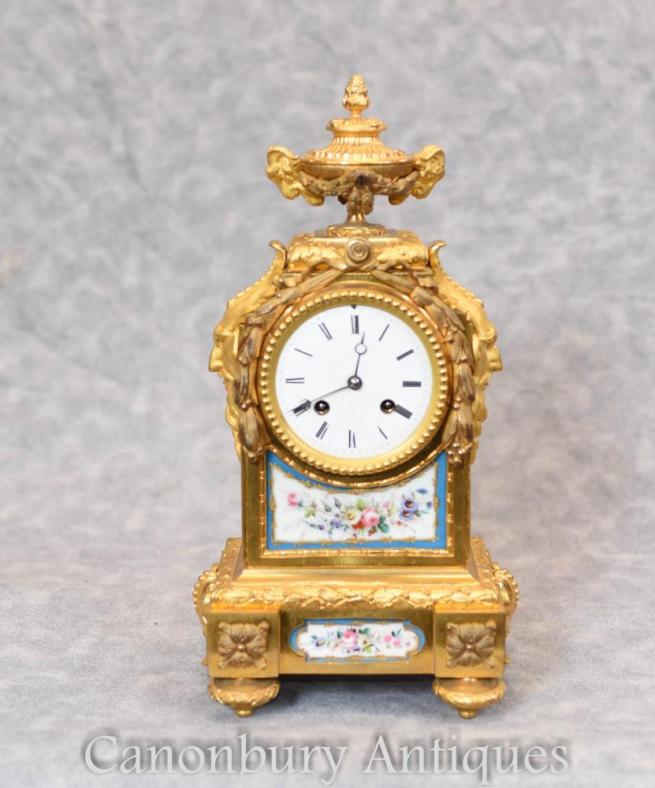 French Empire Gilt Mantle Clock Sevres Plaques