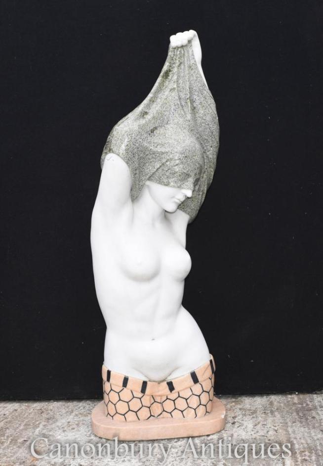 Italian Marble Bust Undressing Semi Nude Lady Figurine