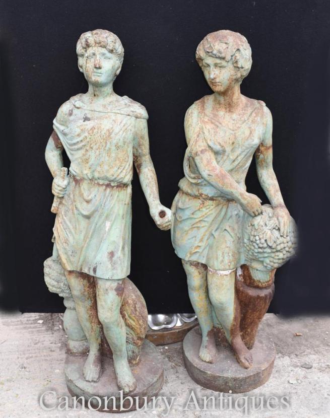 Pair Antique Victorian Cast Iron Roman Garden Statues Figurines Circa 1860