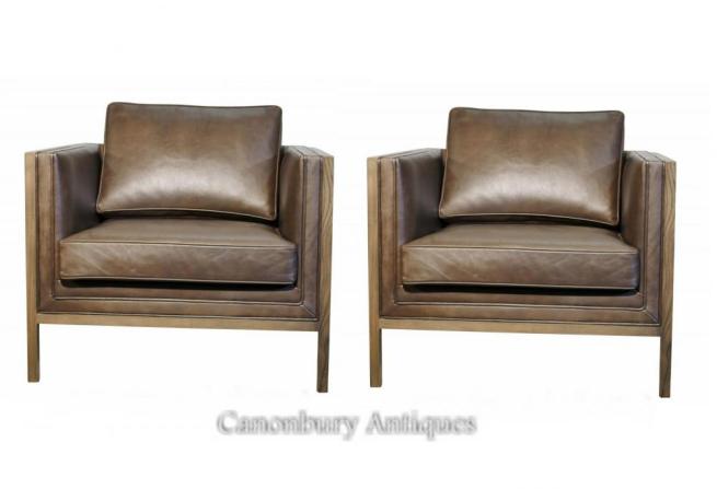 Pair Art Deco Ash Club Chairs Arm Brown Leather