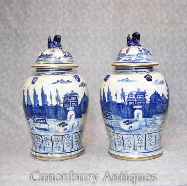 Pair Blue and White Porcelain Lidden Urns Chinese Kangxi Jars