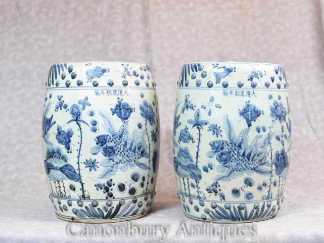 Pair Chinese Blue and White Porcelain Garden Seats Stools Nanking