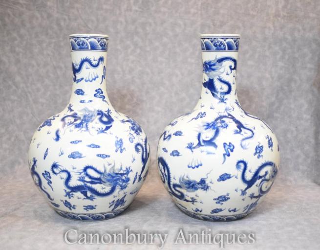 Pair Chinese Ming Blue and White Porcelain Dragon Vases Urns