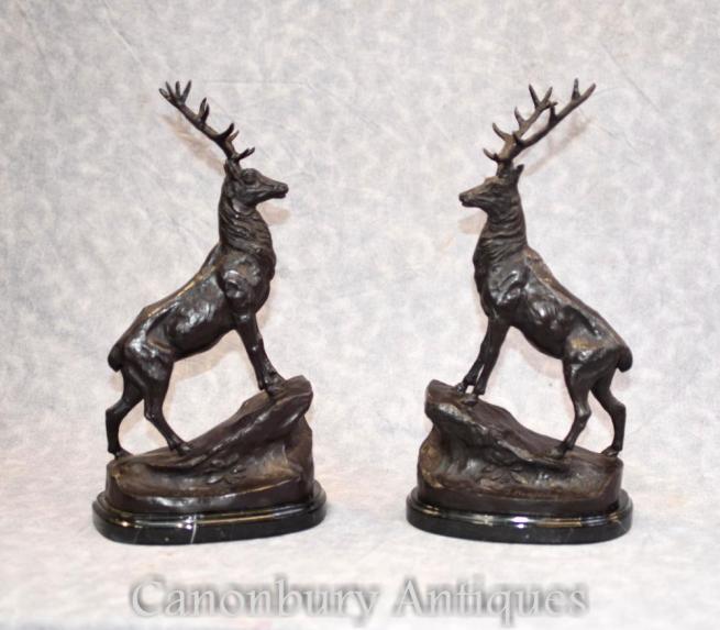 Pair French Bronze Stag Statues Signed Moigniez