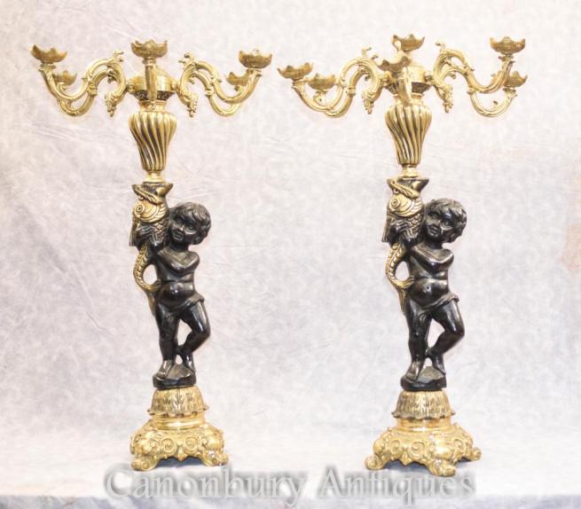 Pair French Gilt Bronze Cherub Candelabras Putti