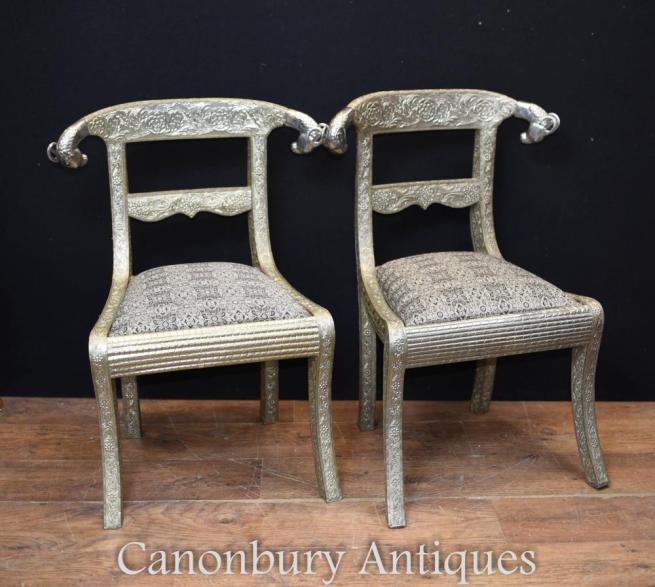 Pair French Regency Silver Plate Chairs Seats Rams Heads