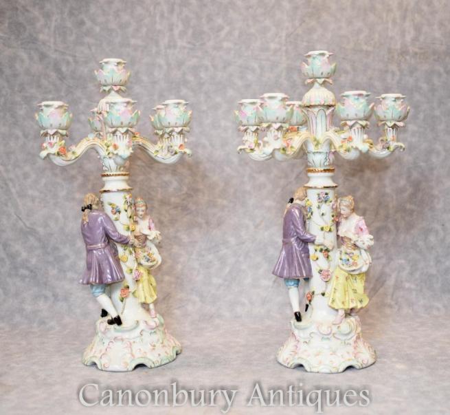 Pair German Meissen Porcelain Figurine Candelabras Candles