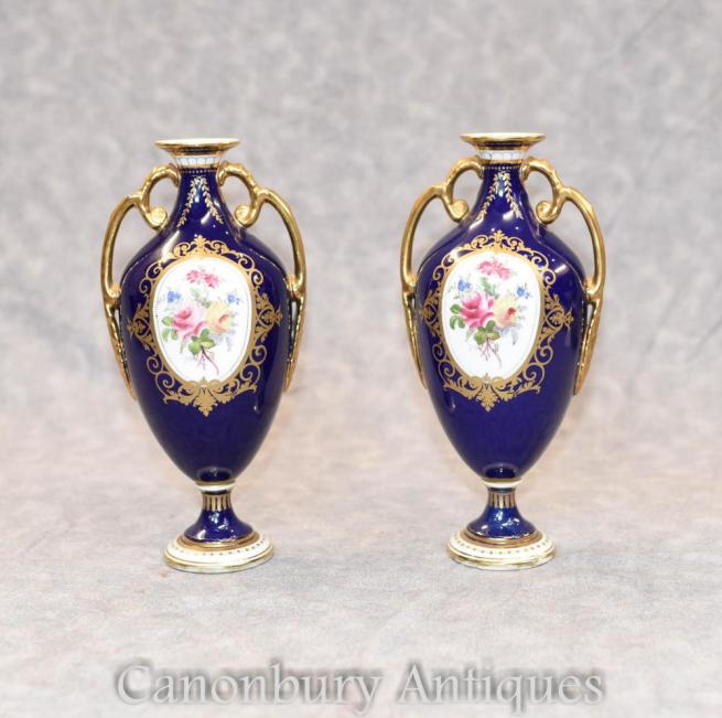 Pair Royal Crown Derby Porcelain Urns Floral Sprays