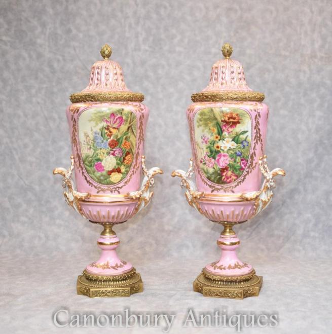 Pair Sevres Porcelain Floral Vases Urns