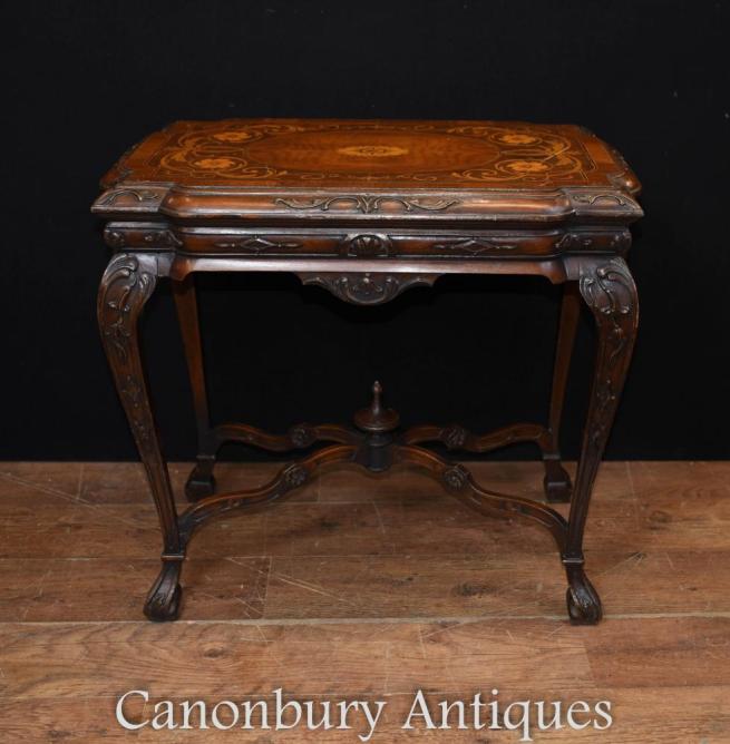 Antique French Walnut Side Table Marquetry Inlay