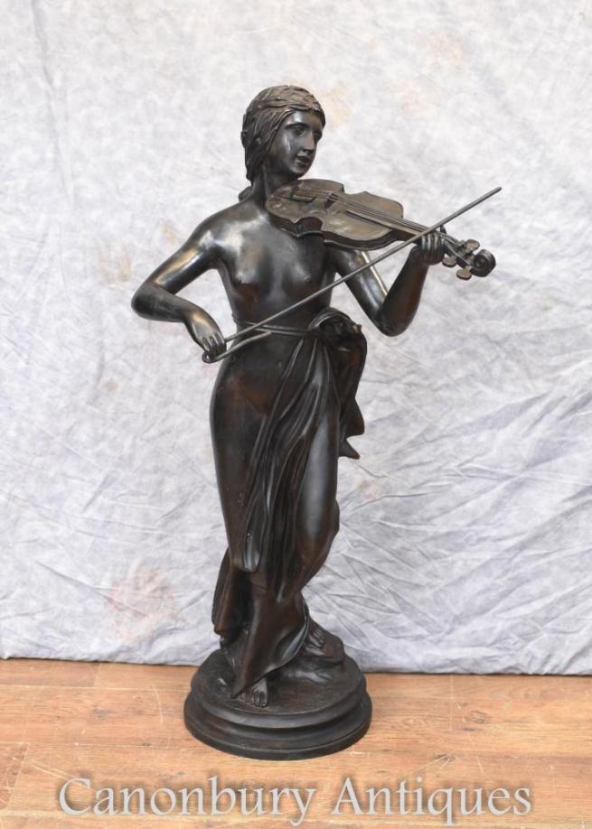 French Bronze Semi Nude Female Fiddle Player Violin Statue