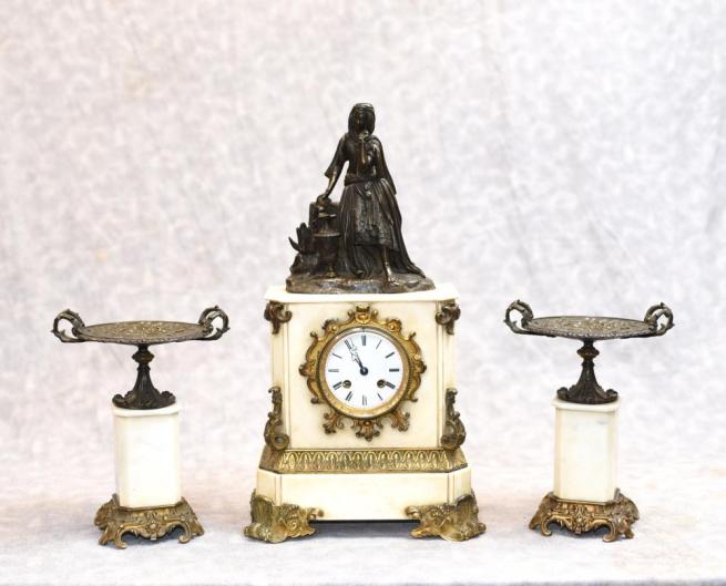 French Empire Marble Ormolu Mantle Clock Set Bronze Figurine
