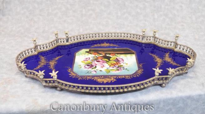 French Silver Plate Sevres Porcelain Floral Tray