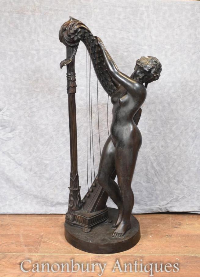 Italian Bronze Nude Female Harp Player Classical Art