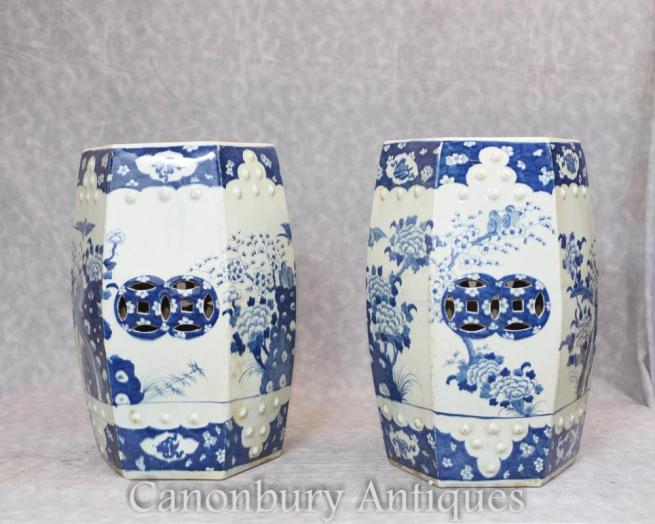 Pair Chinese Blue and White Porcelain Garden Seats Ming