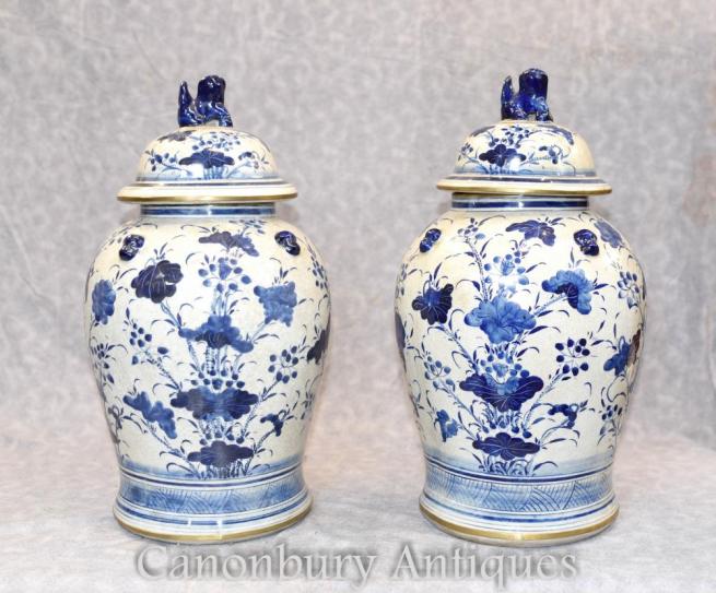 Pair Chinese Blue and White Porcelain Ginger Jars Vases Ming