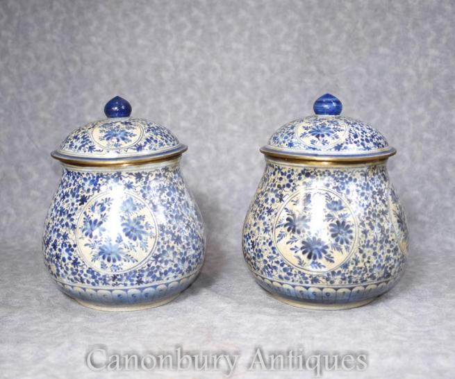 Pair Chinese Blue and White Porcelain Lidded Urns Vases