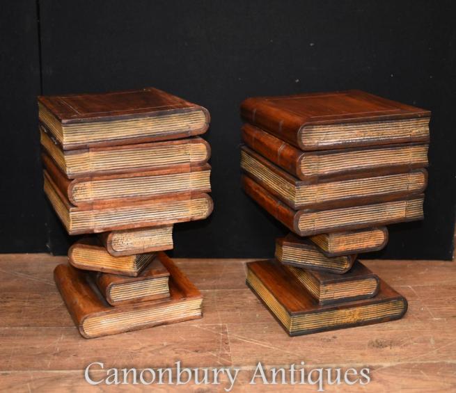 Pair English Book Side Tables Cabinets - Library Interiors