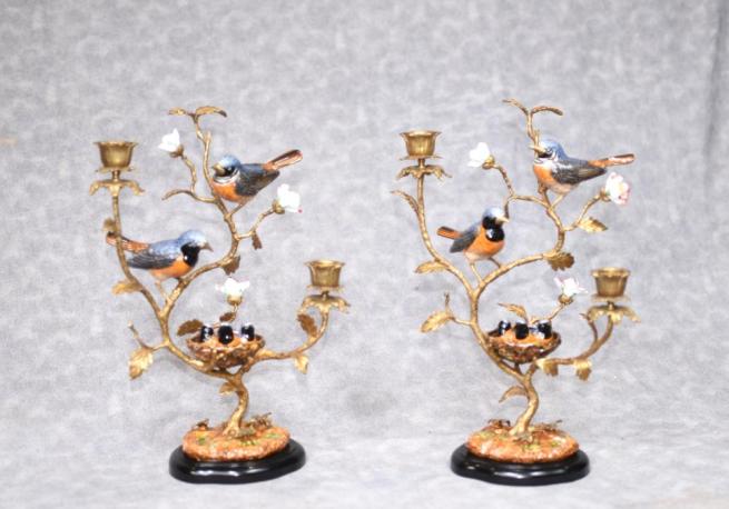 Pair French Ormolu Bird Candelabras Porcelain Encursted Candles