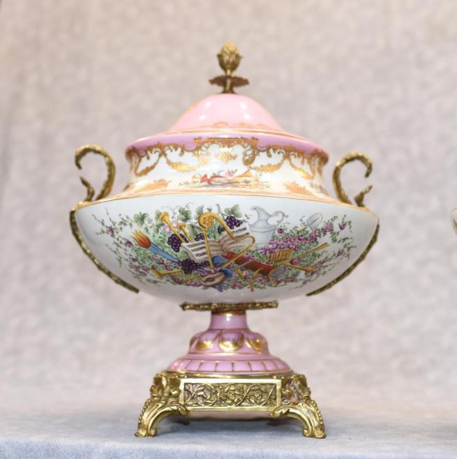 Pair French Sevres Porcelain Lidded Floral Urns Vases