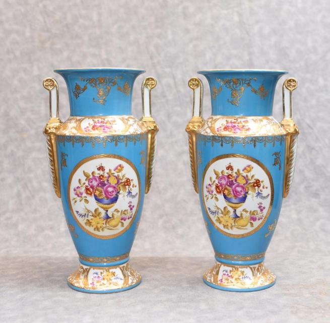 Pair Paris Sevres Floral Porcelain Vases Urns