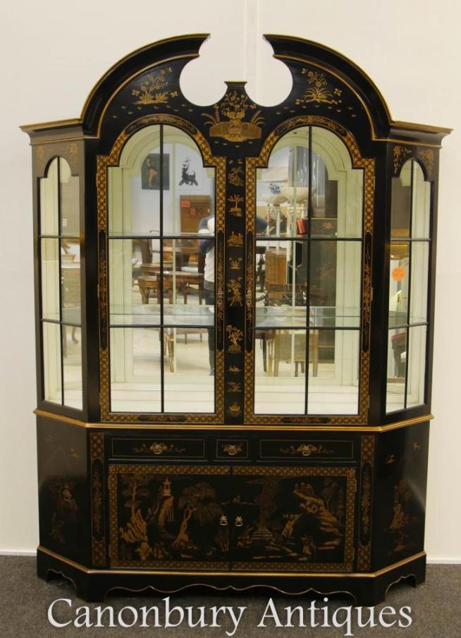 Regency Black Lacquer Display Cabinet Bookcase Chinoiserie