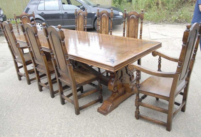 9 ft French Rustic Refectory Table & William Mary Chairs Dining Set