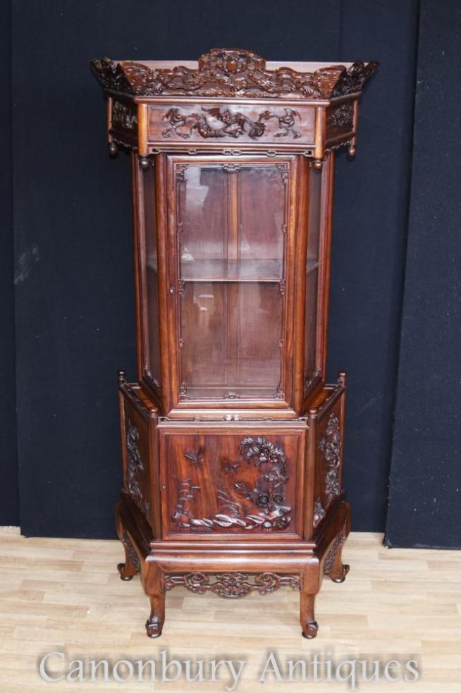 Antique Chinese Padauk Hand Carved Display Cabinet Relief Carving Bookcase 1890