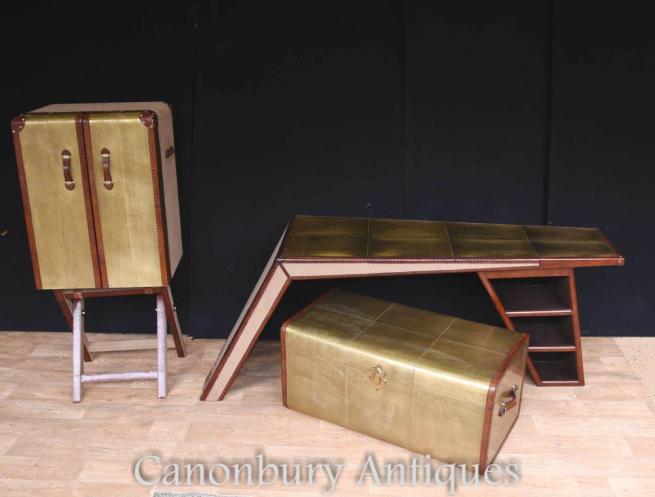 Art Deco Campaign Desk Chest Cabinet Set Writing Table