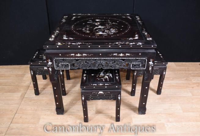 Chinese Antique Dining Set Stool Table Mother of Pearl Inlay
