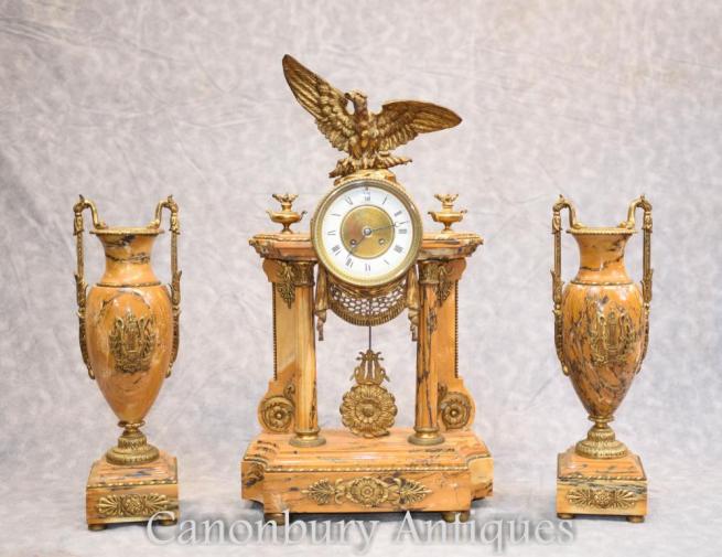 French Empire Clock - Marble Mantle Clocks Garniture Set Gilt Eagle