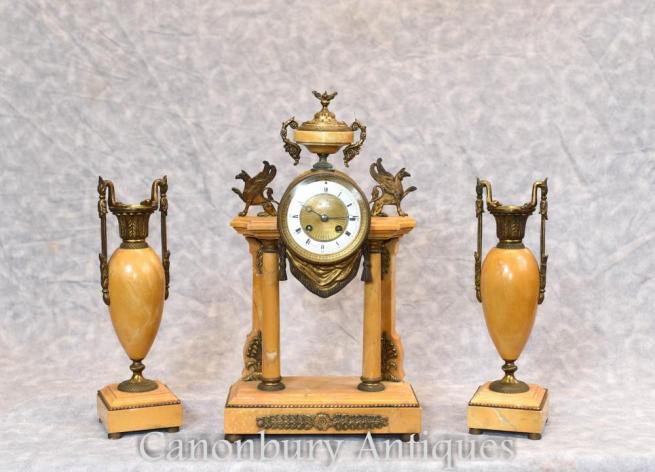French Empire Marble Gilt Mantle Clock Set with Garniture